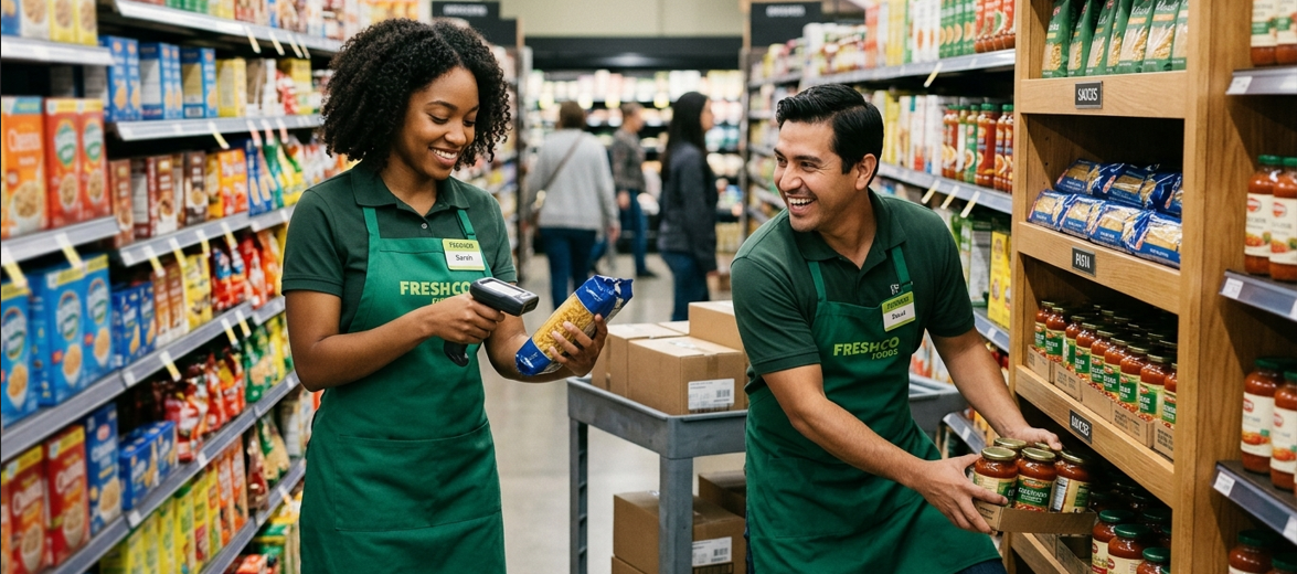 Corredor de supermercado com prateleiras bem abastecidas — operação Stratego em retalho.